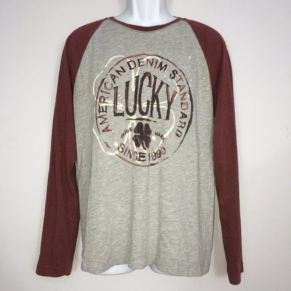 Lucky Brand Other - Lucky Brand Mens M Red Gray Cotton Blend Long Sleeve Graphic Baseball T-Shirt
